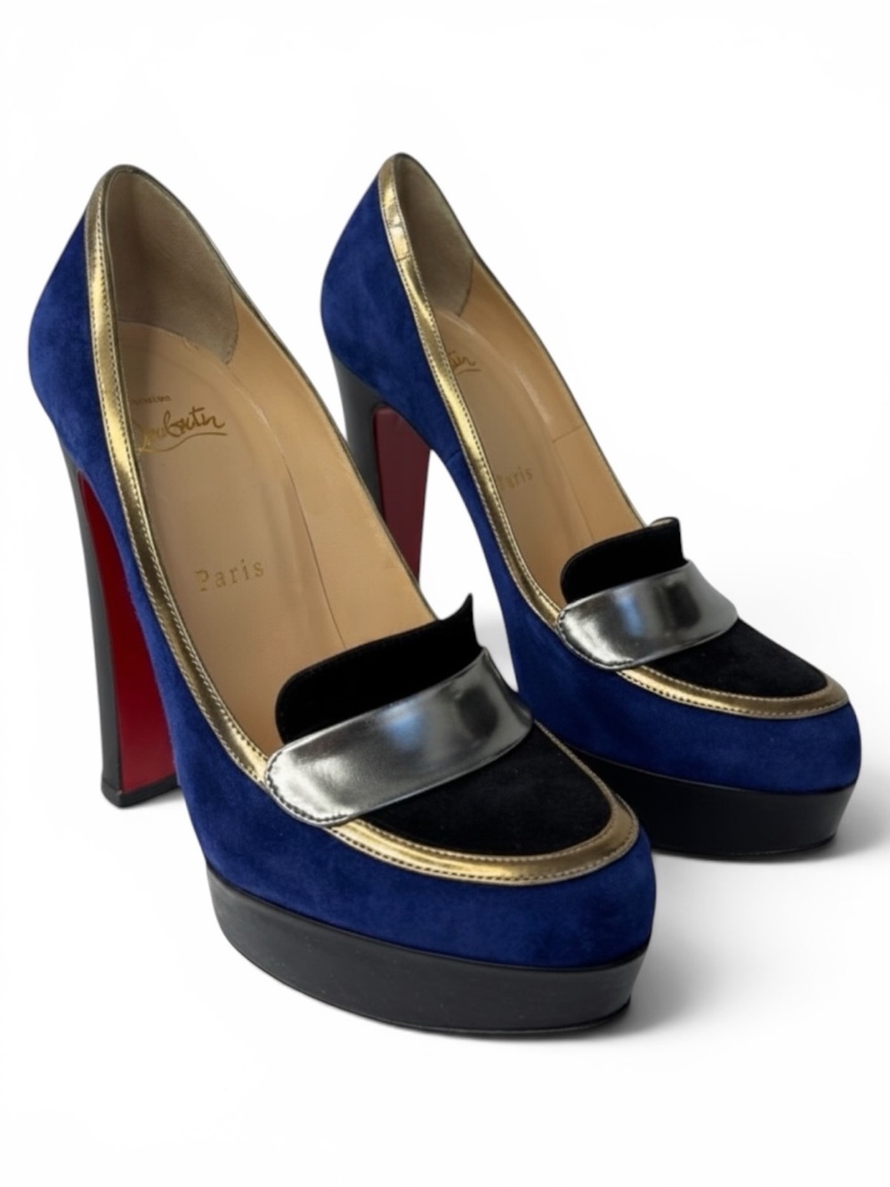 Christian Louboutin Trotitella 140 Blue Suede Metallic Platform Pumps Red Sole - Picture 1 of 10